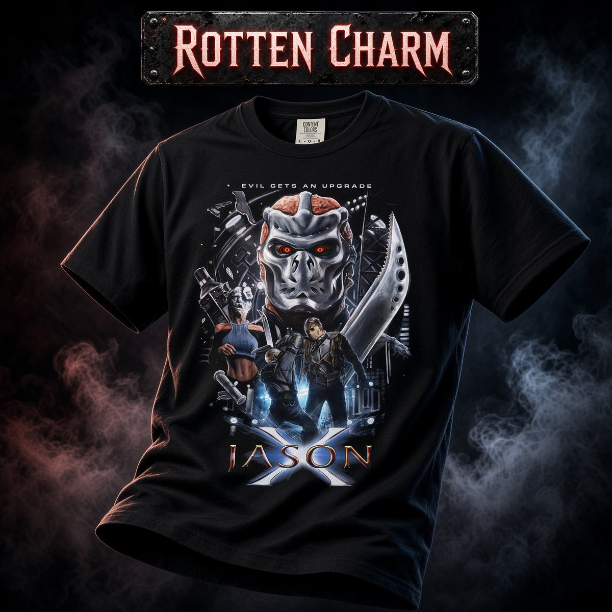 Jason X Collage Friday The 13th T-Shirt — Jason Mask & Knife Graphic Tee — view 3