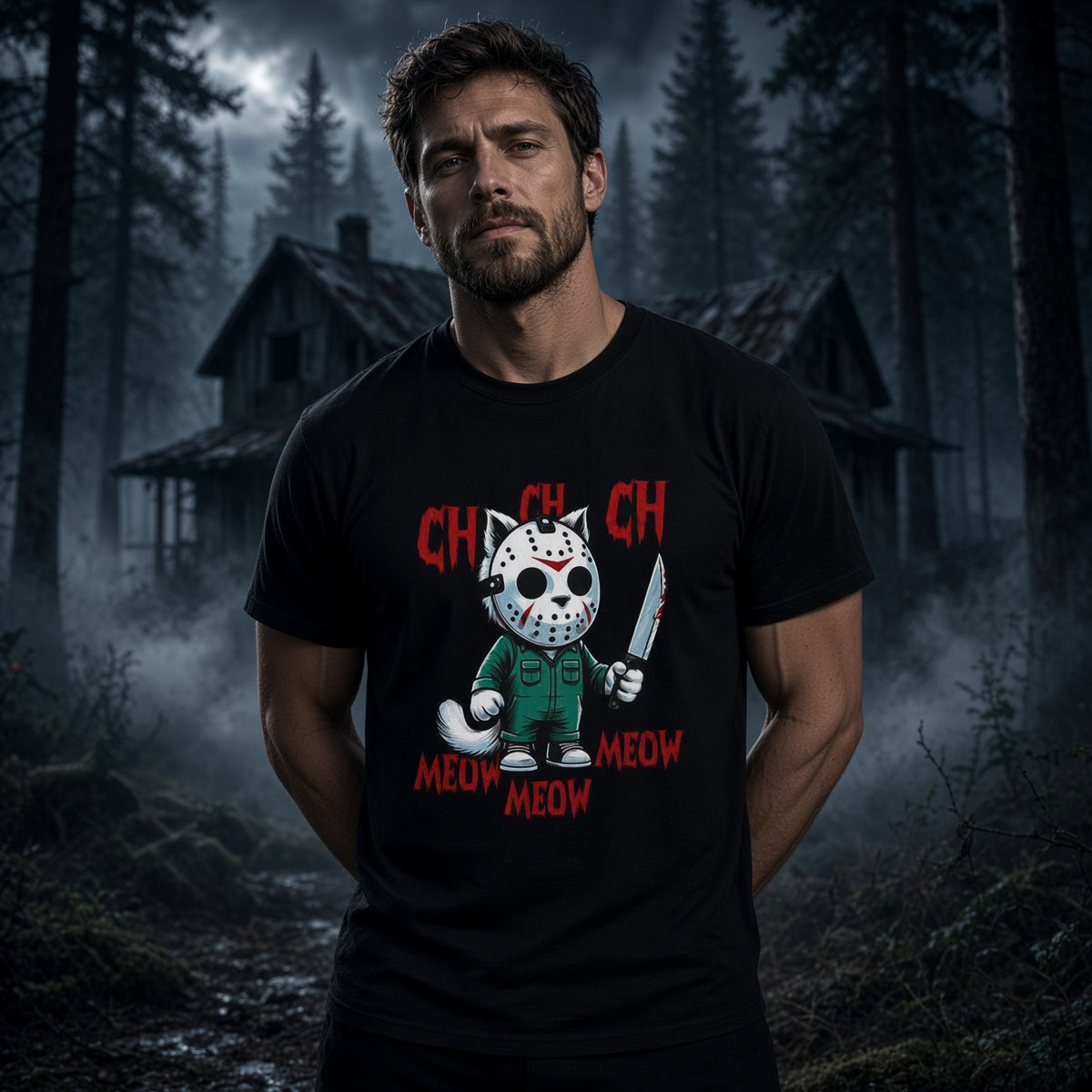 Jason Cat Horror T-Shirt — Cute Killer Kitty 'Meow Meow' Graphic Tee — view 3