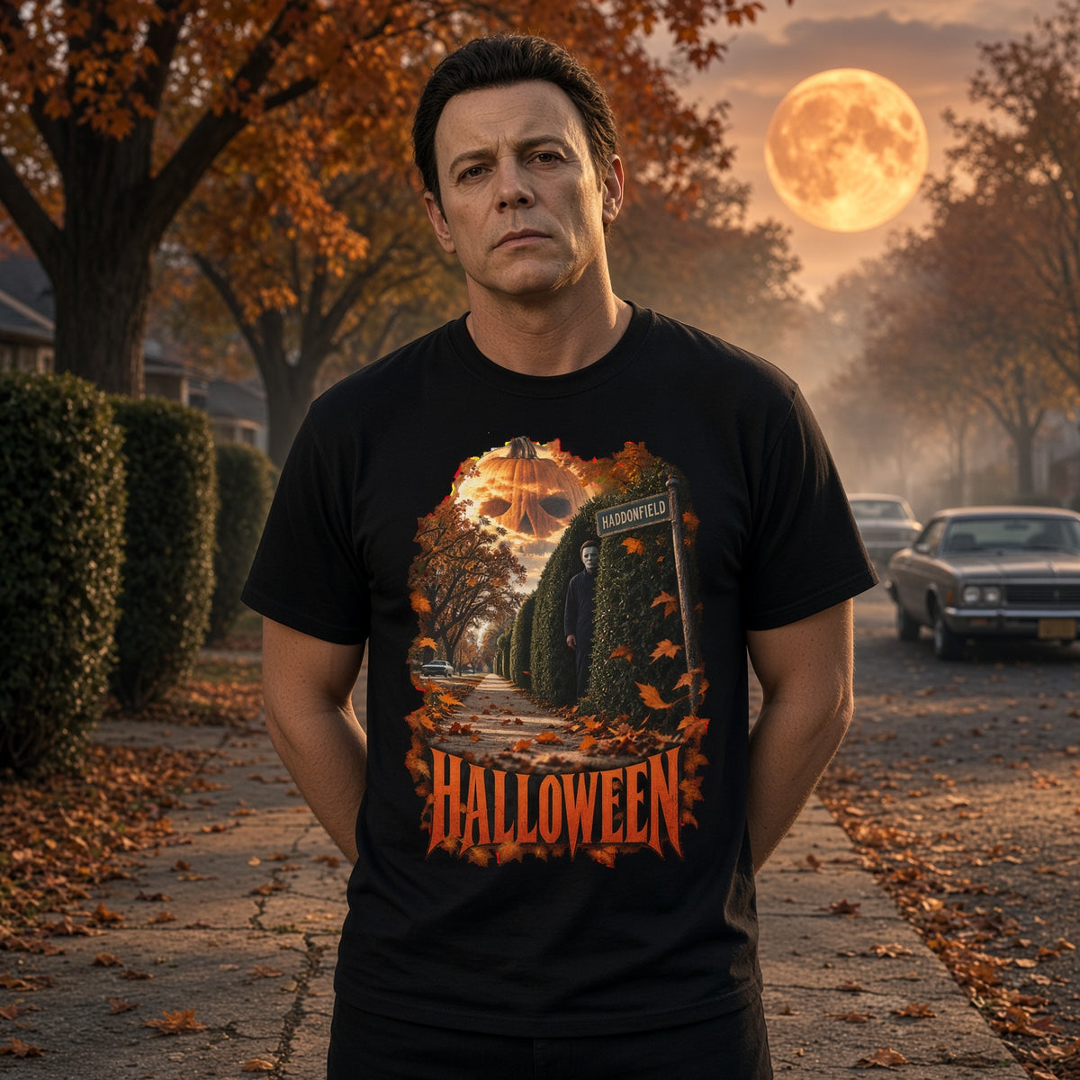 Halloween Michael Myers Haunted Hedge Movie Scene T-Shirt — view 3