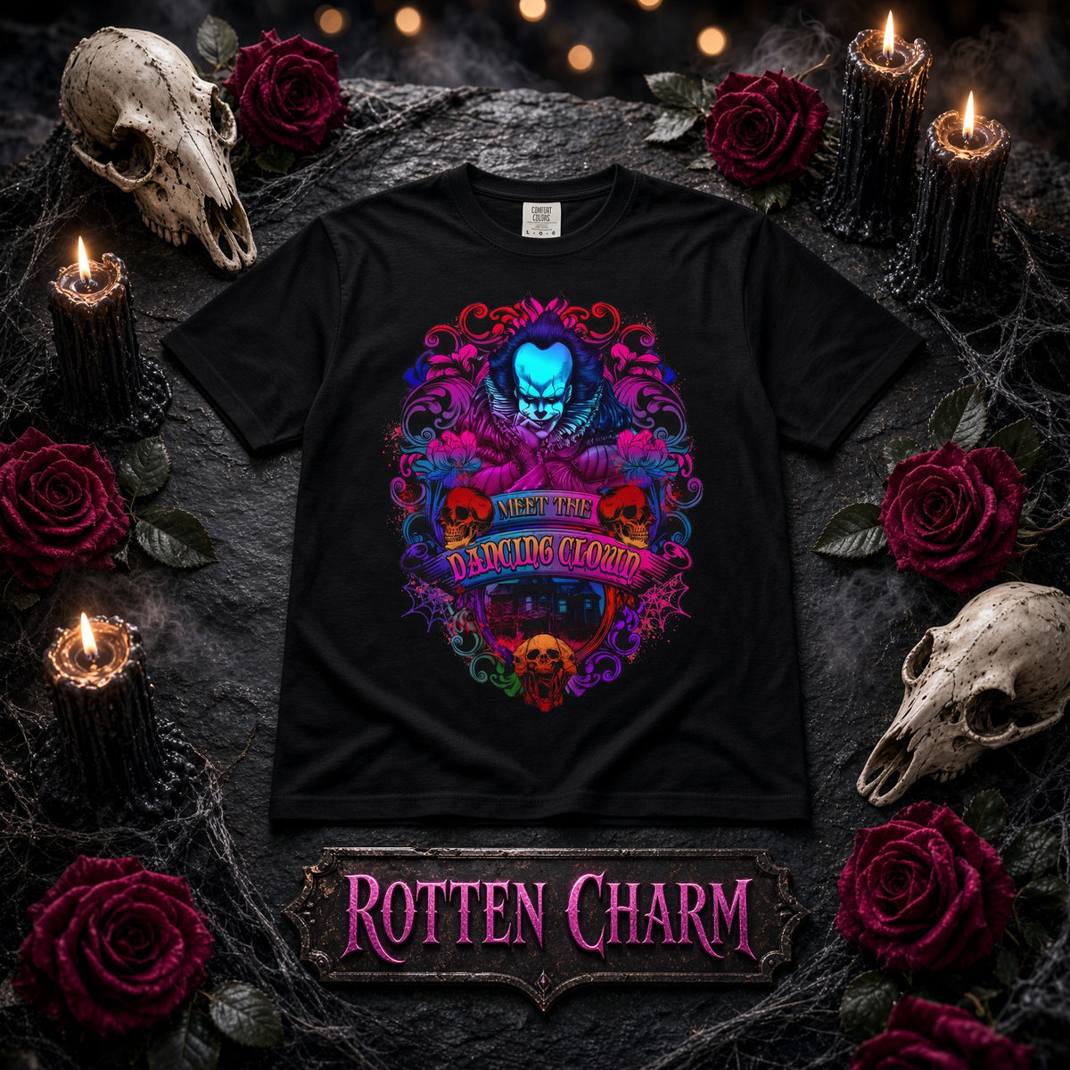 IT Pennywise Clown Skull T-Shirt — Meet The Dancing Clown Neon Horror Graphic Tee