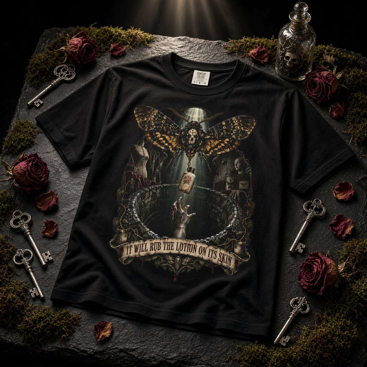 Silence Of The Lambs Moth & Skull Graphic T-Shirt — 'We Will Rub Lotion On Its Skin' Movie Scene Tee