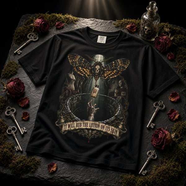 Silence Of The Lambs Moth & Skull Graphic T-Shirt — 'We Will Rub Lotion On Its Skin' Movie Scene Tee