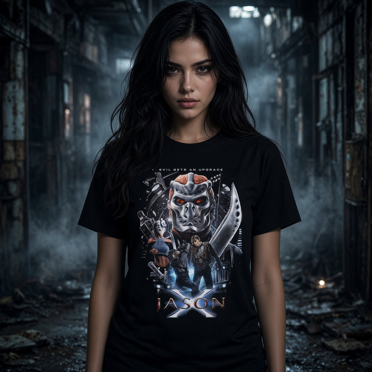 Jason X Collage Friday The 13th T-Shirt — Jason Mask & Knife Graphic Tee — view 2
