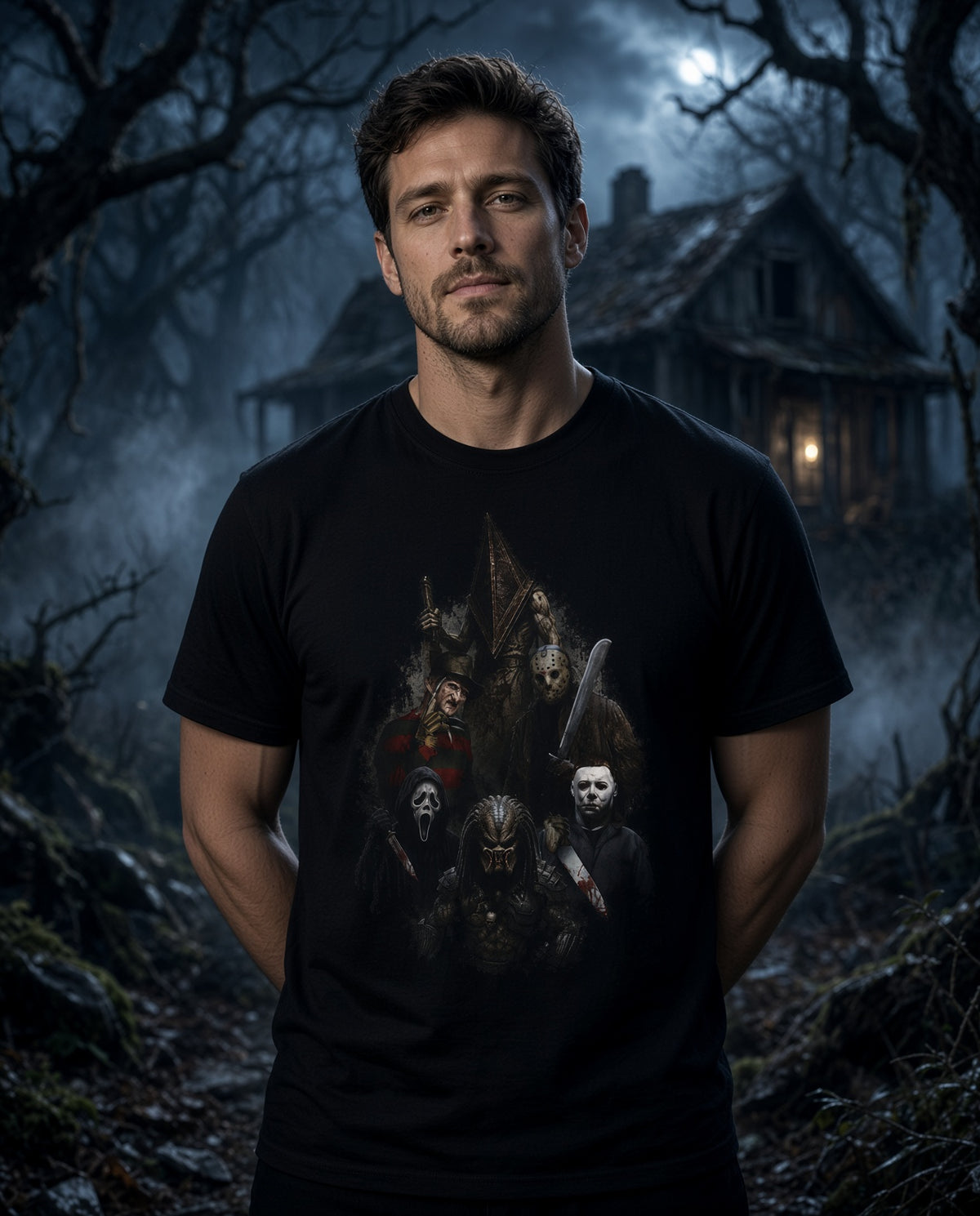 Horror Icons Collage T-Shirt – Classic Slasher Masked Villains Graphic Tee — view 3