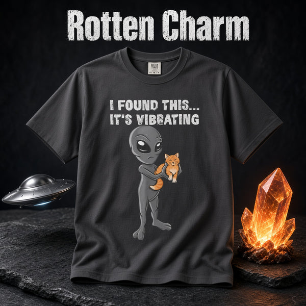 Alien Holding Cat T-Shirt | Funny "I Found This... It's Vibrating" Space Cat Tee