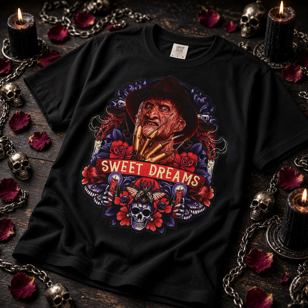 Nightmare On Elm Street Horror Graphic T-Shirt — "Sweet Dreams" Freddy Krueger Retro Tee