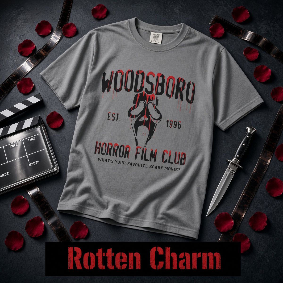 Woodsboro Horror Film Club T-Shirt — Retro Scream Mask Tee (Est. 1996)