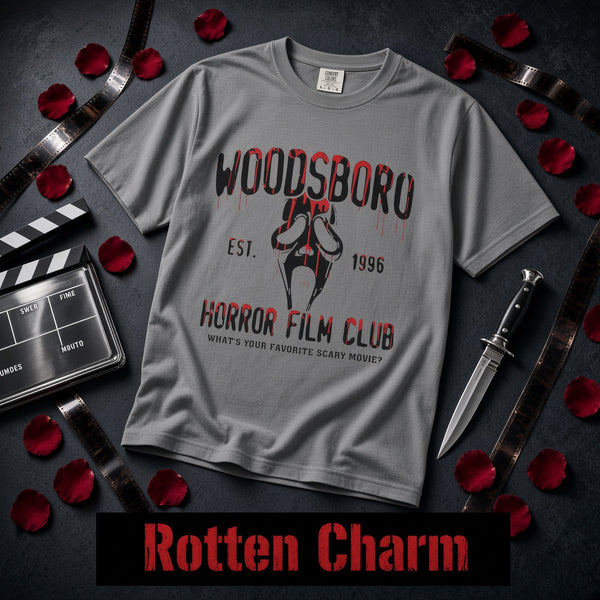 Woodsboro Horror Film Club T-Shirt — Retro Scream Mask Tee (Est. 1996)