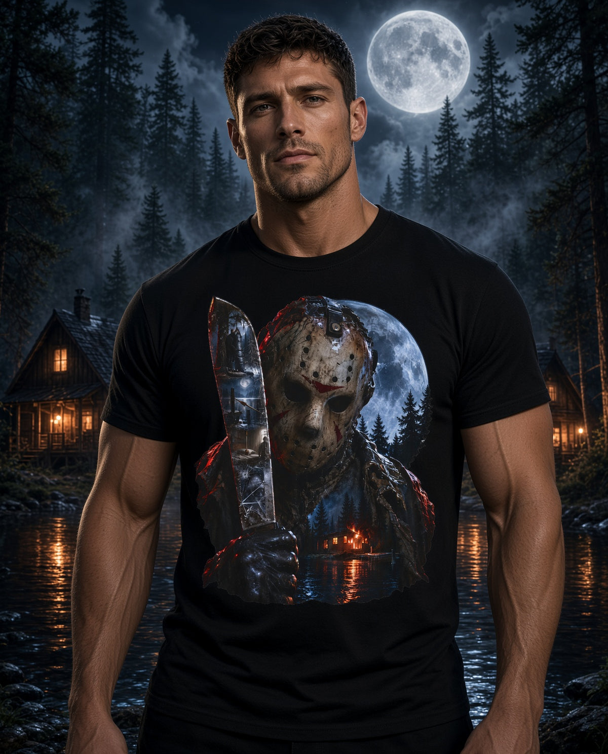 Jason Voorhees Horror T-Shirt — Friday The 13th Knife Night Lake Graphic Tee — view 3