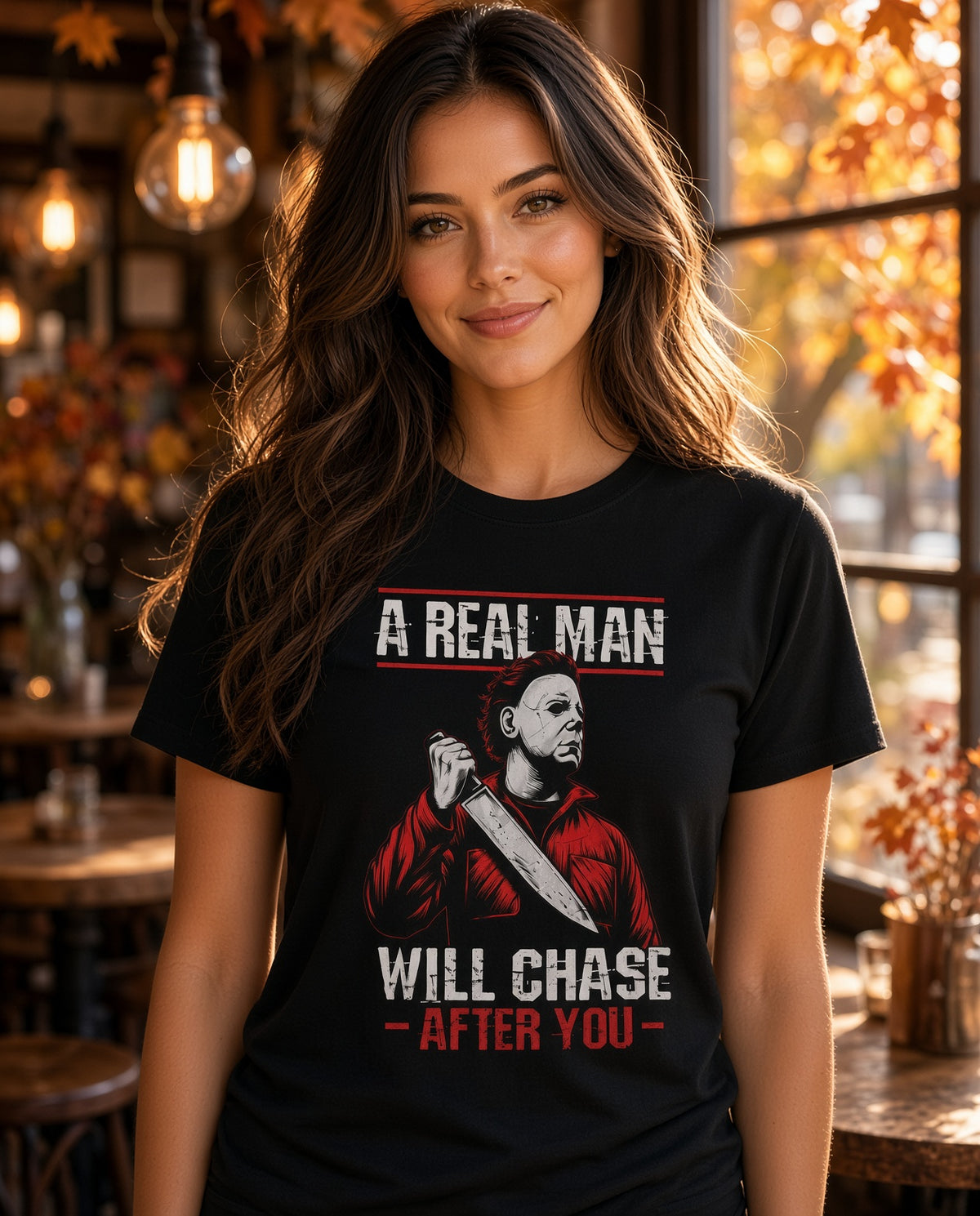 "A Real Man Will Chase After You" Michael Myers Style Horror Slasher Tee