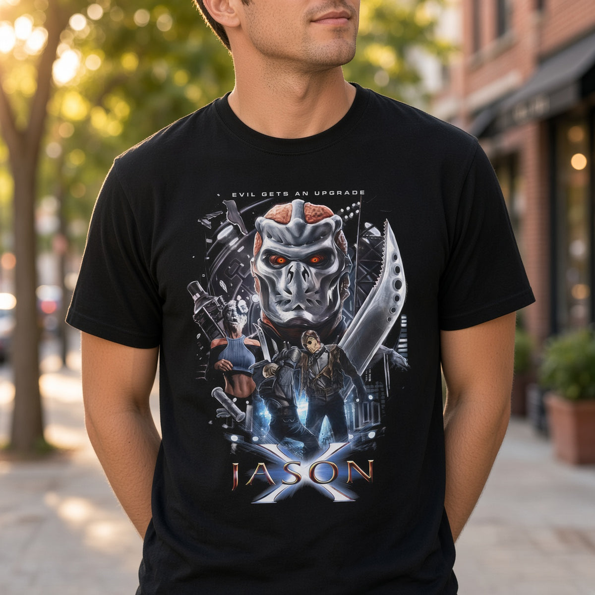 Jason X Collage Friday The 13th T-Shirt — Jason Mask & Knife Graphic Tee — view 4