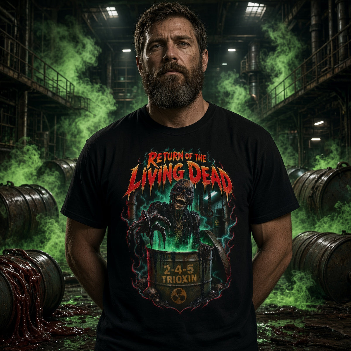 Return of the Living Dead T-Shirt – Radioactive Barrel Zombie Retro Horror Movie Tee — view 3