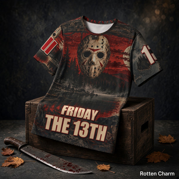 Friday the 13th Grindhouse Jason Mask Jersey — Crystal Lake Horror Sports Tee