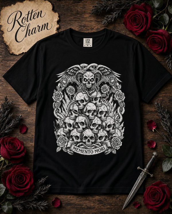 Memento Mori Skull Bouquet T-Shirt | Gothic Skull Stack, Roses