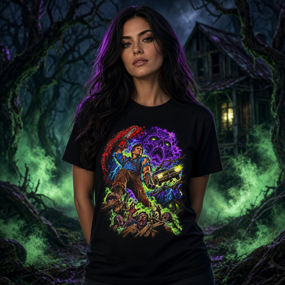 Evil Dead Mashup T-Shirt — Neon Retro Evil Dead Style Design — view 2