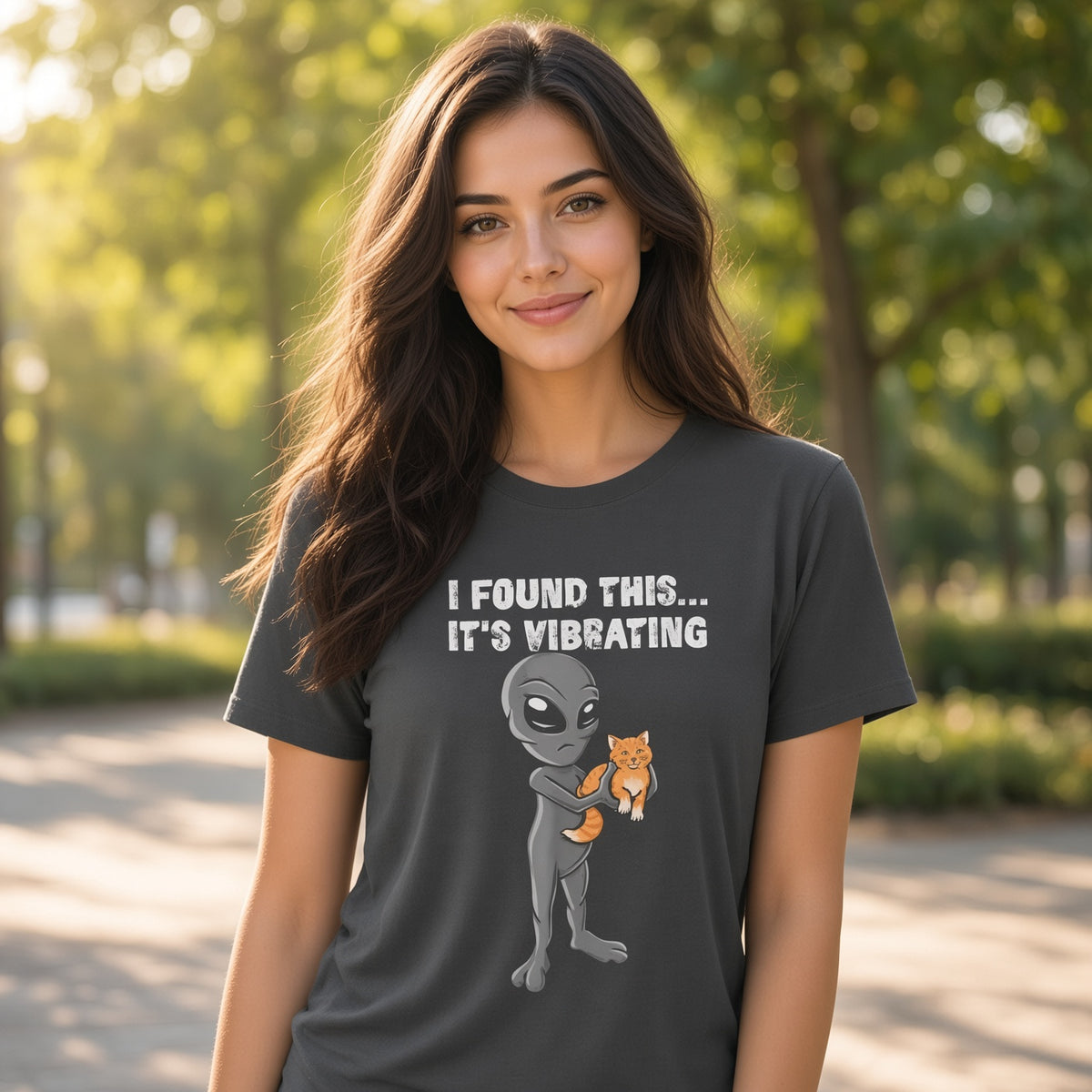 Alien Holding Cat T-Shirt | Funny "I Found This... It's Vibrating" Space Cat Tee