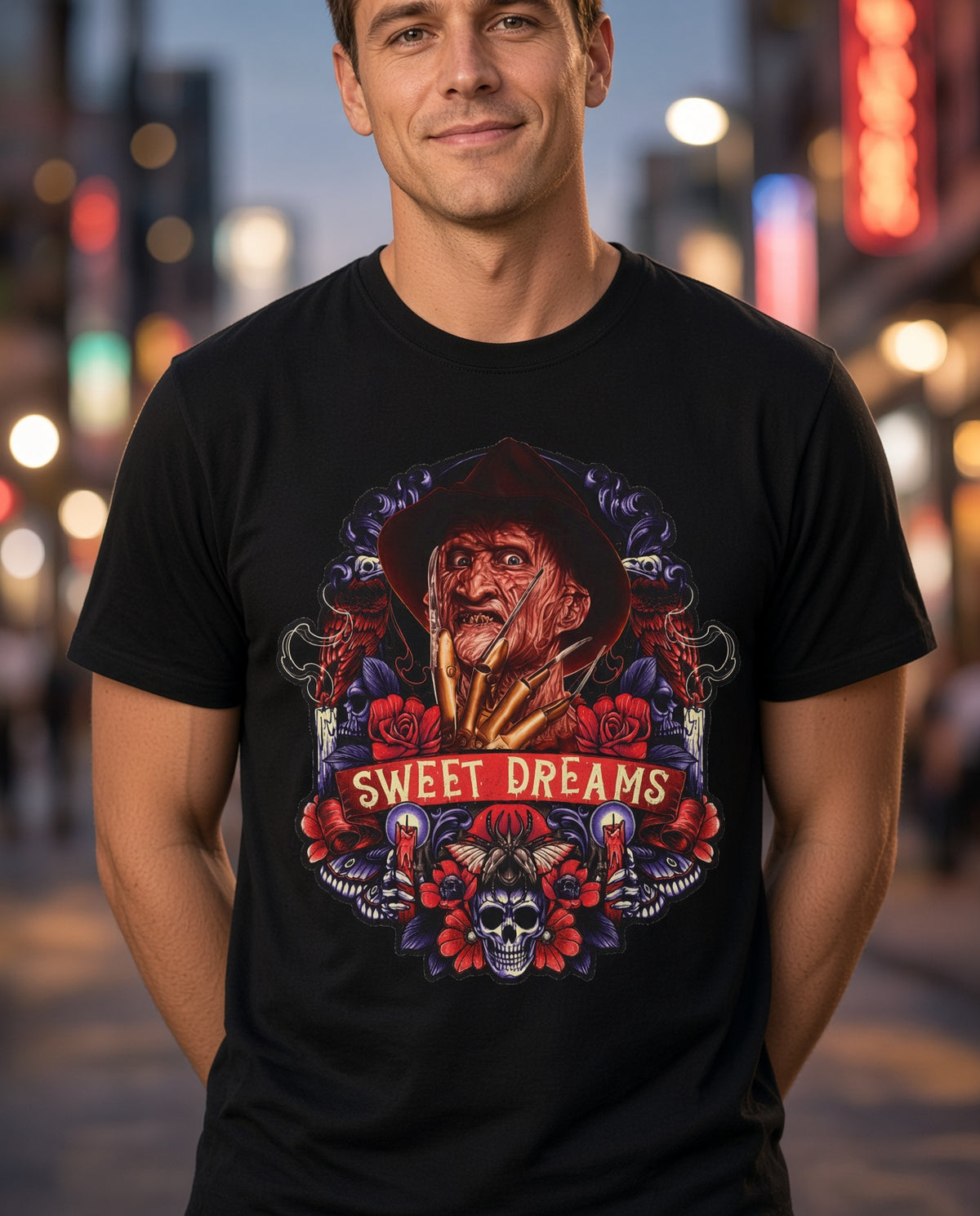 Nightmare On Elm Street Horror Graphic T-Shirt — "Sweet Dreams" Freddy Krueger Retro Tee