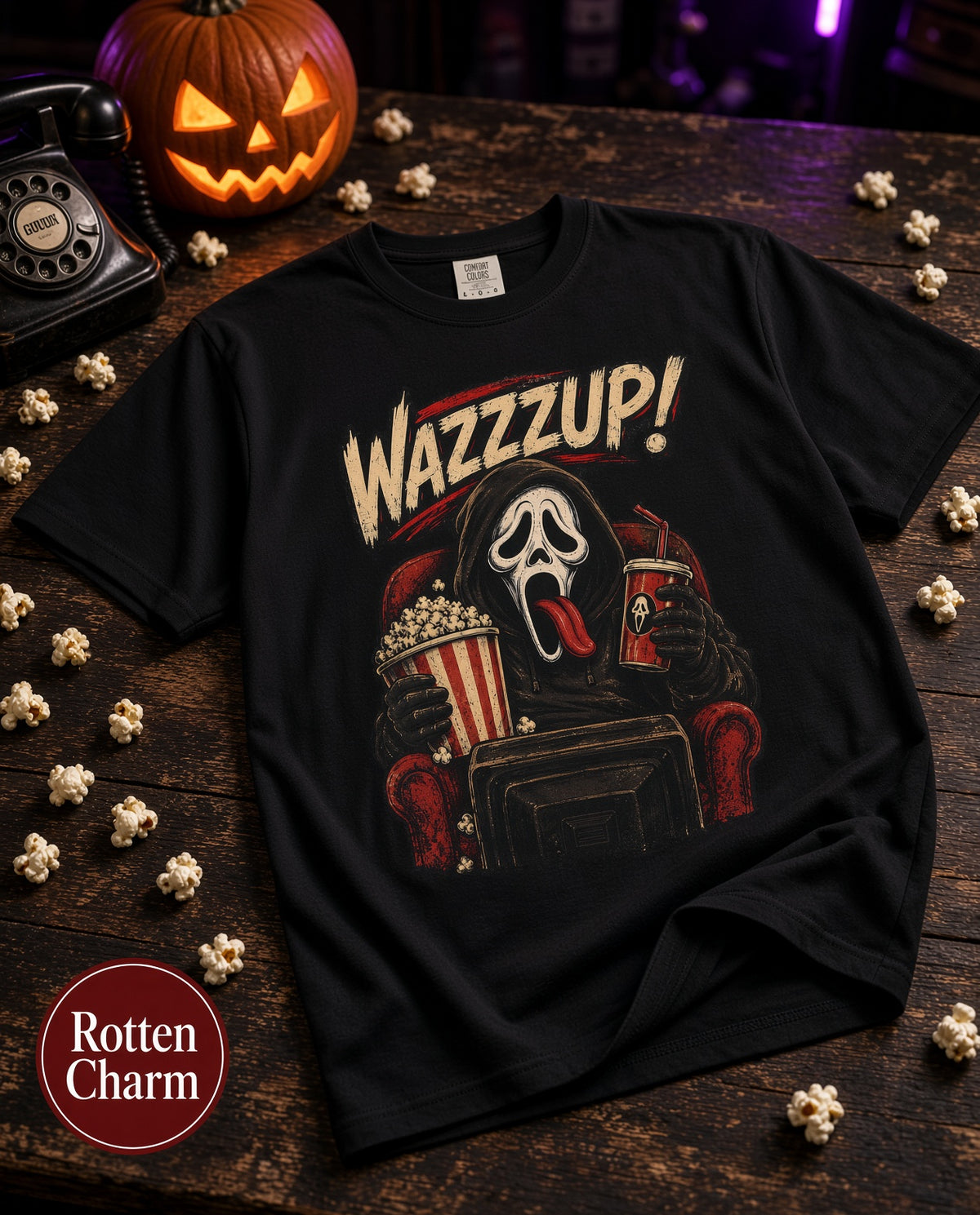 Scream “Wazzzup!” Graphic T-Shirt — Horror Movie Night Tee