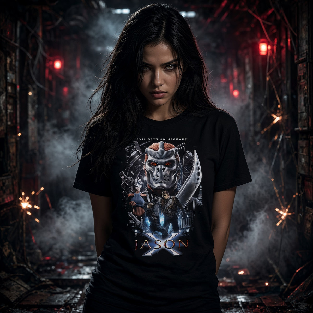 Jason X Collage Friday The 13th T-Shirt — Jason Mask & Knife Graphic Tee — view 5