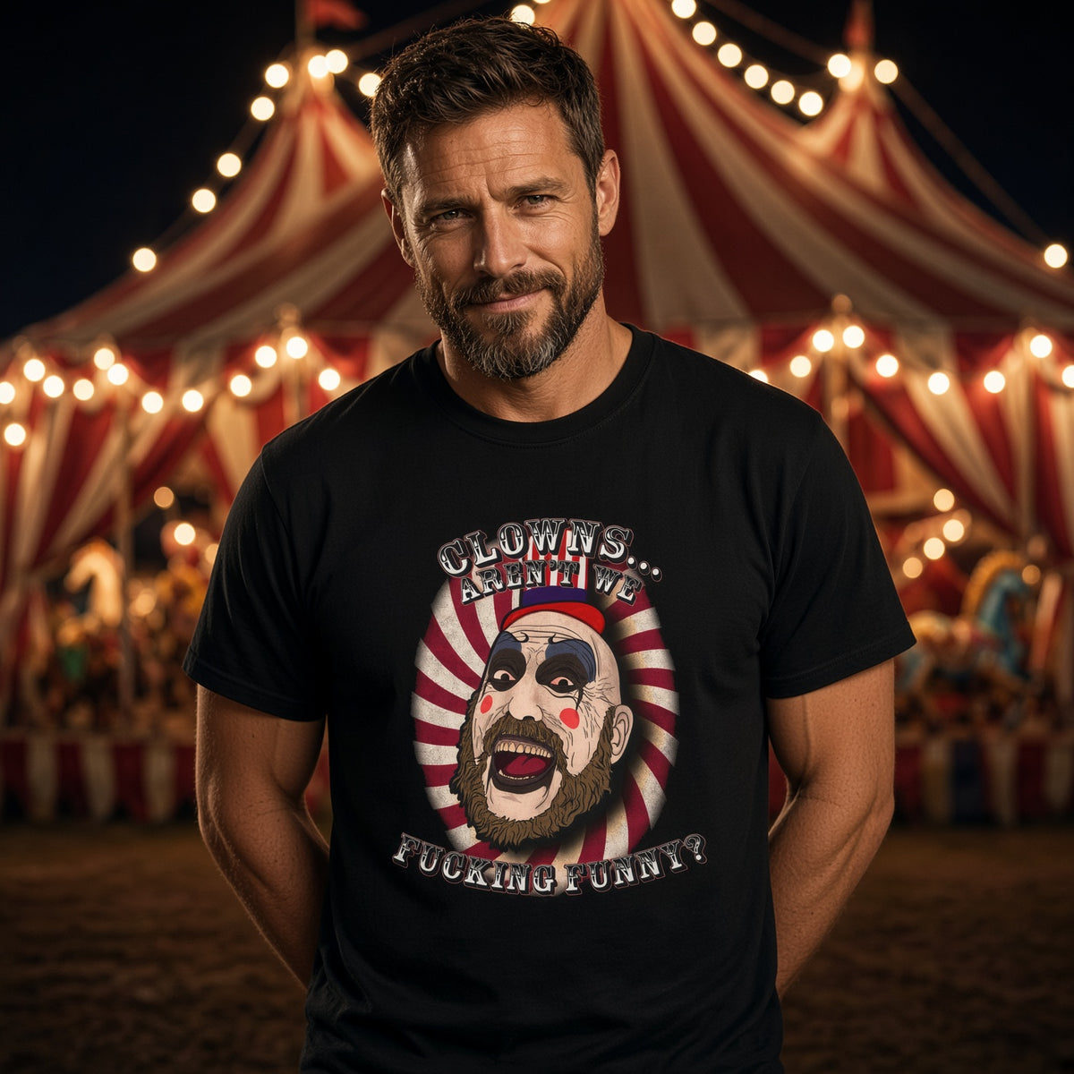 Captain Spaulding Aren't We Funny T-Shirt — Retro Horror Carnival Graphic Tee — view 3