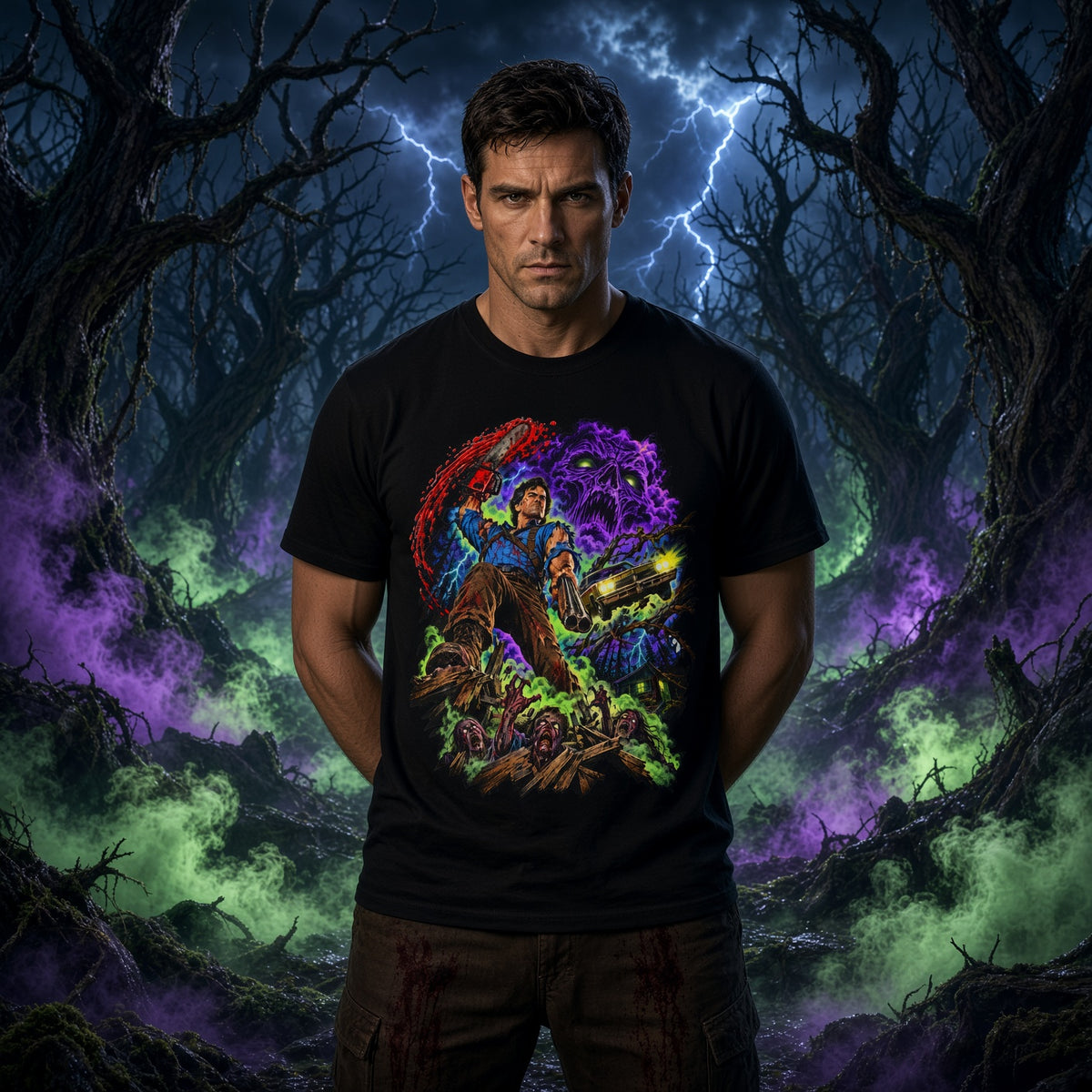Evil Dead Mashup T-Shirt — Neon Retro Evil Dead Style Design — view 3