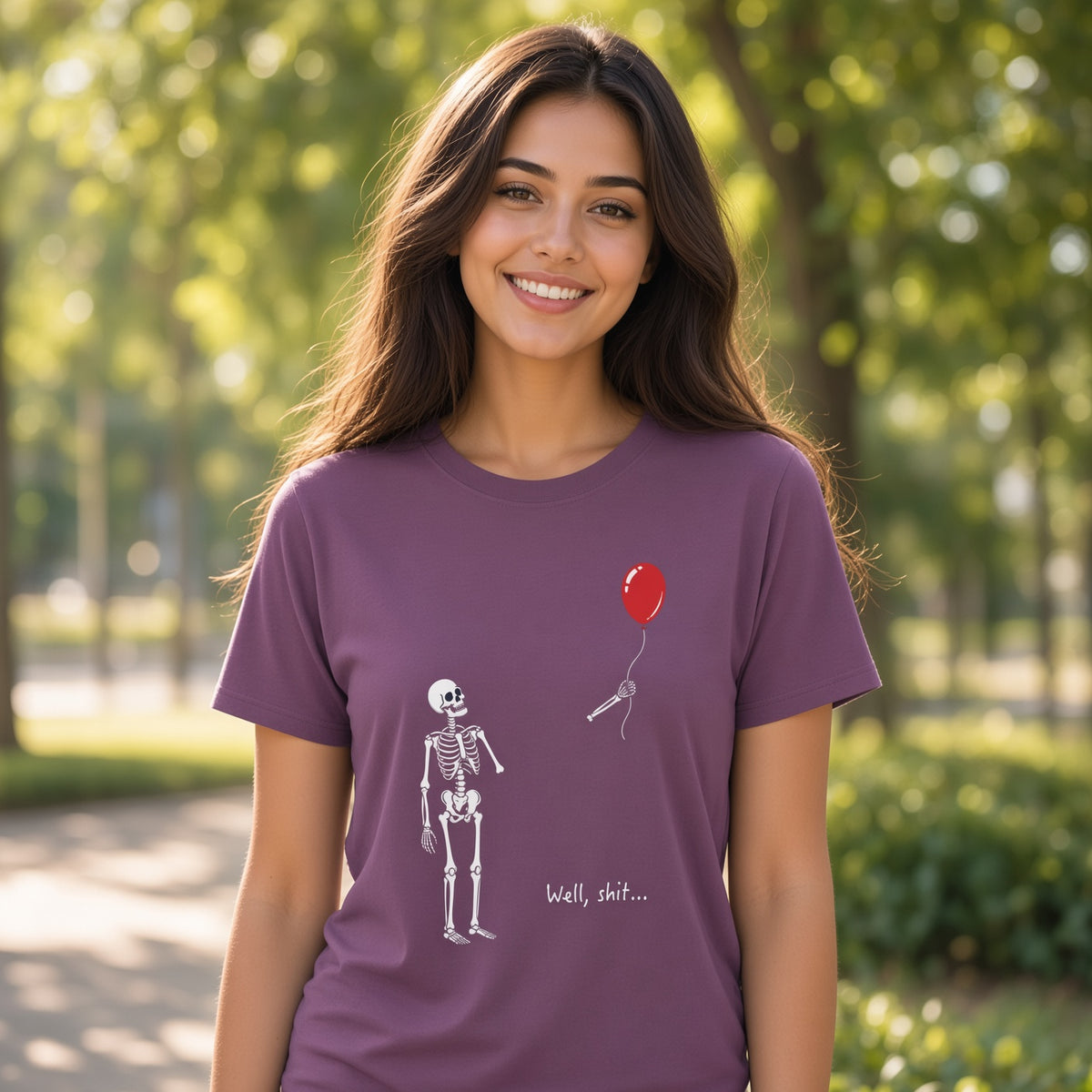 Skeleton with Red Balloon Well Shit T-Shirt — view 2