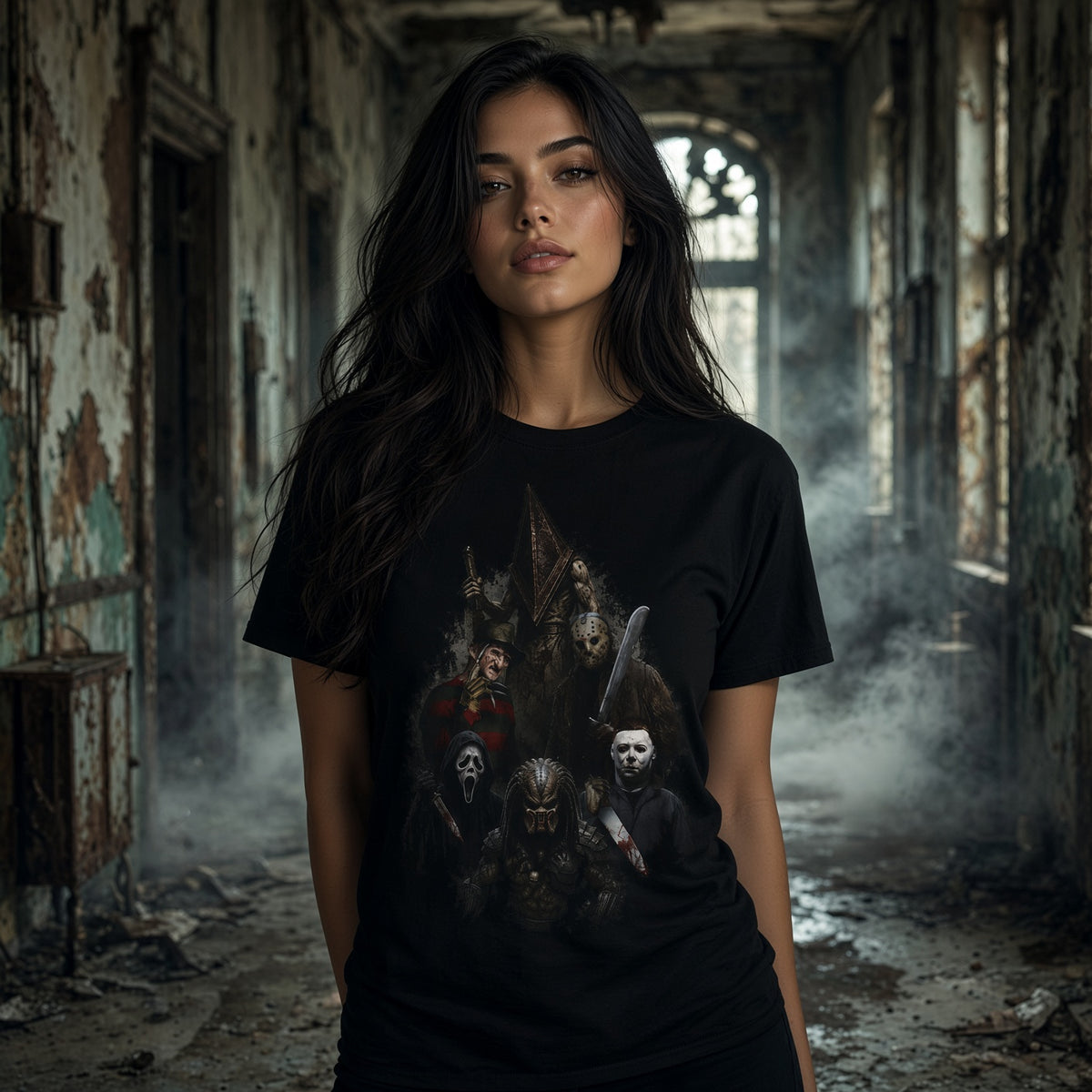 Horror Icons Collage T-Shirt – Classic Slasher Masked Villains Graphic Tee — view 2