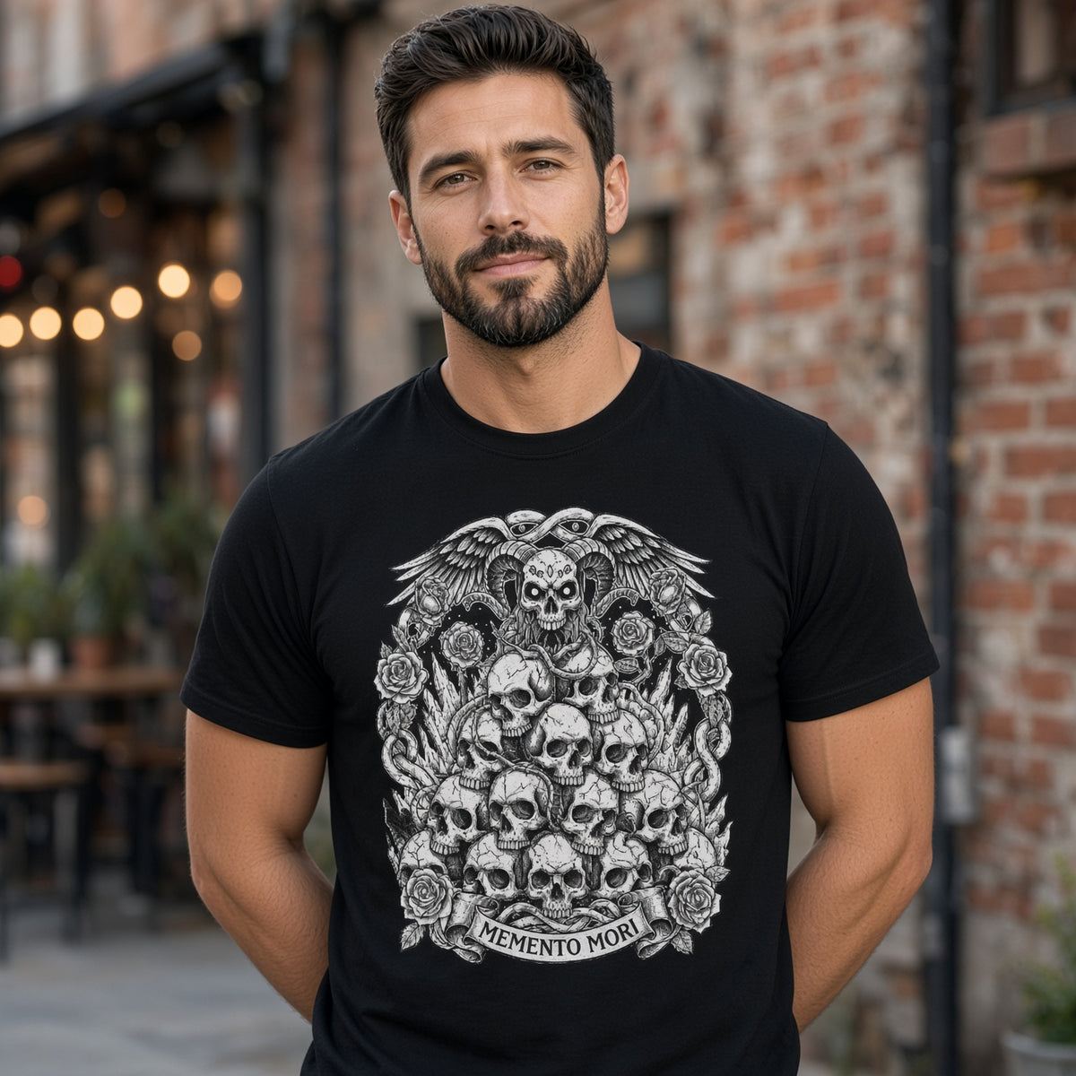 Memento Mori Skull Bouquet T-Shirt | Gothic Skull Stack, Roses — view 3