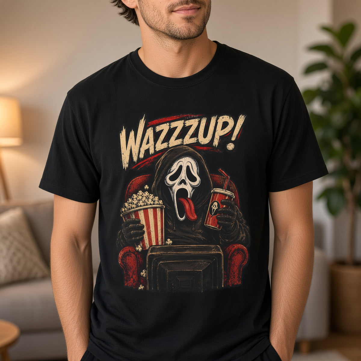 Scream “Wazzzup!” Graphic T-Shirt — Horror Movie Night Tee