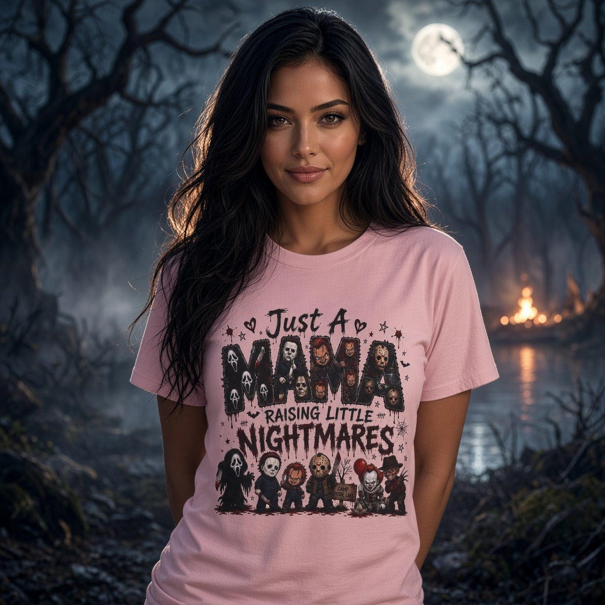Horror Mama T-Shirt — "Just a Mama Raising Little Nightmares" Graphic Tee — view 3