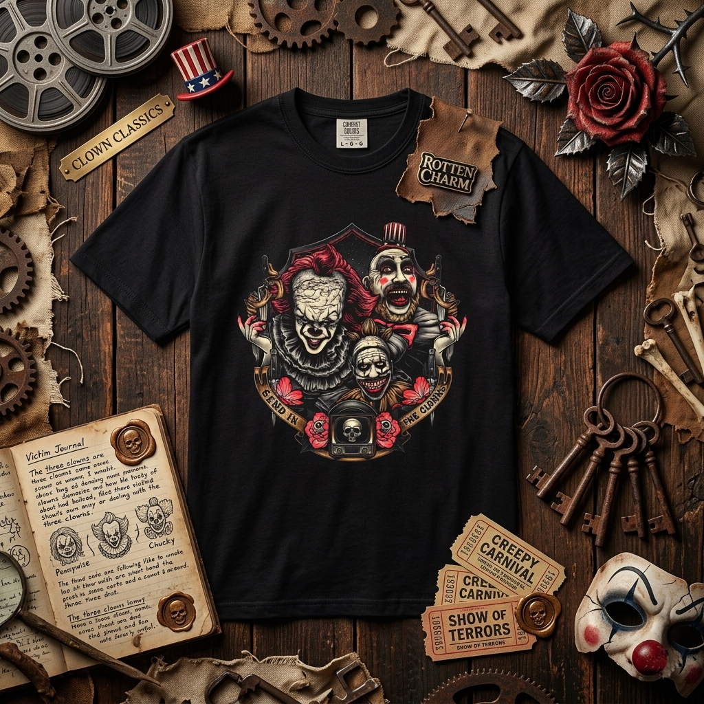 Horror Clown Trio Graphic T-Shirt — Creepy Circus Pennywise, Art The Clown, Captain Spaulding