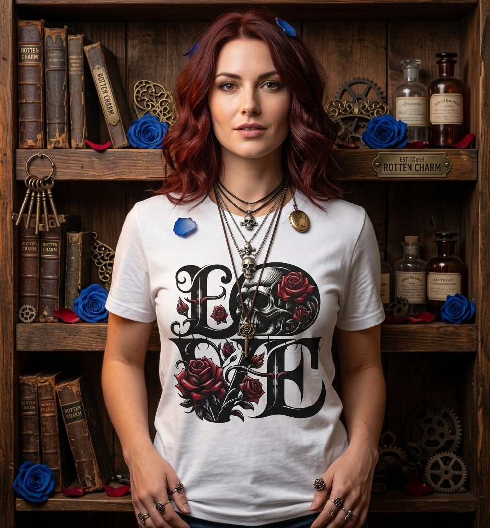 Skull and Roses LOVE T-shirt | Gothic Romance Typography Tee — view 2