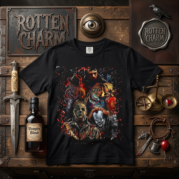 Horror Movie Icons Collage T-Shirt — Jason Voorhees, Freddy Kreuger, Chucky, Michael Myers, Pennywise
