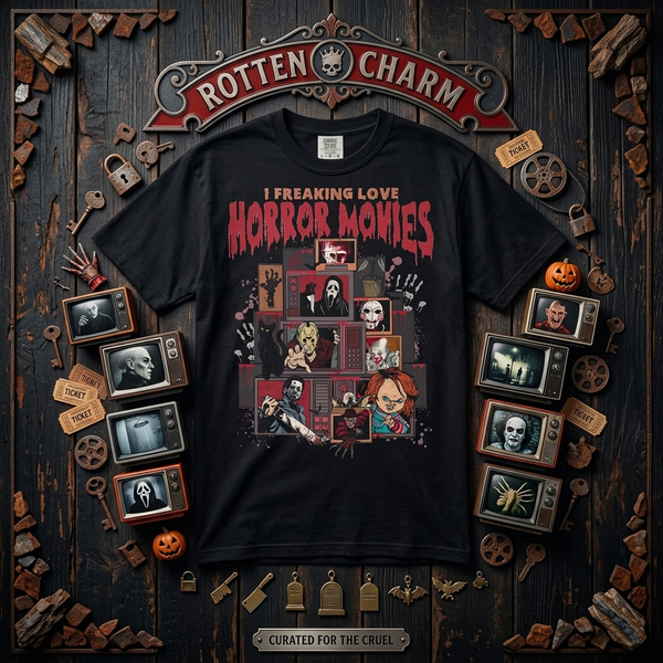 Horror Movies Graphic T-Shirt — "I Freaking Love Horror Movies" Retro Killer Montage Tee