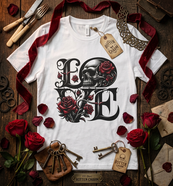 Skull and Roses LOVE T-shirt | Gothic Romance Typography Tee